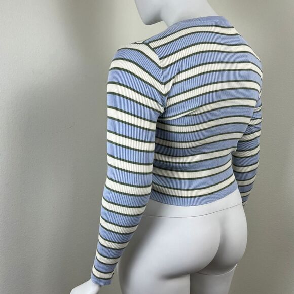 Zara Womens Size XL Blue Ribbed Striped Cropped Pullover NEW Crewneck Sweatshirt - Picture 7 of 16